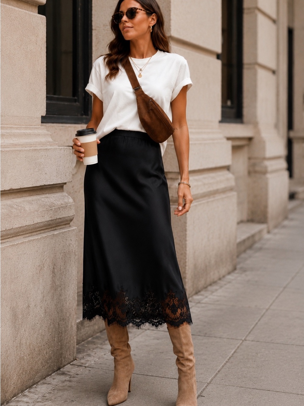 Blenca Black Satin Lace Trim Midi Skirt | Slip Skirt NWOT | Size M